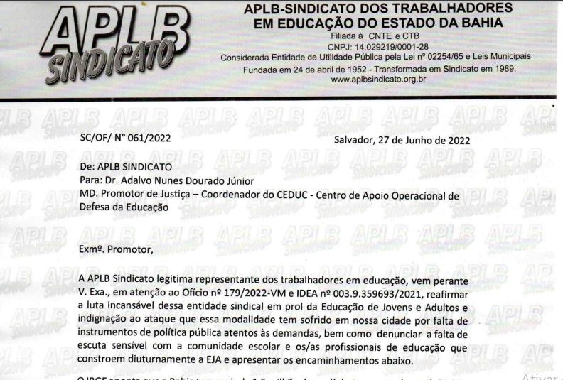  APLB PERMANECE FIRME NA DEFESA DA EDUCAÇÃO DE JOVENS E ADULTOS – CONFIRA OFÍCIO!
