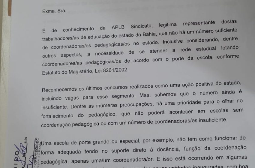  APLB envia ofícios à SEC cobrando lotação de coordenadoras/es e fruição da licença prêmio para a Coordenação Pedagógica na Bahia