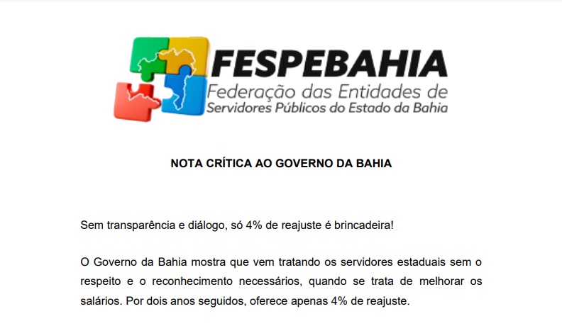  FESPEBAHIA divulga nota crítica ao Governo do estado da Bahia e defende reajuste justo para os servidores públicos estaduais