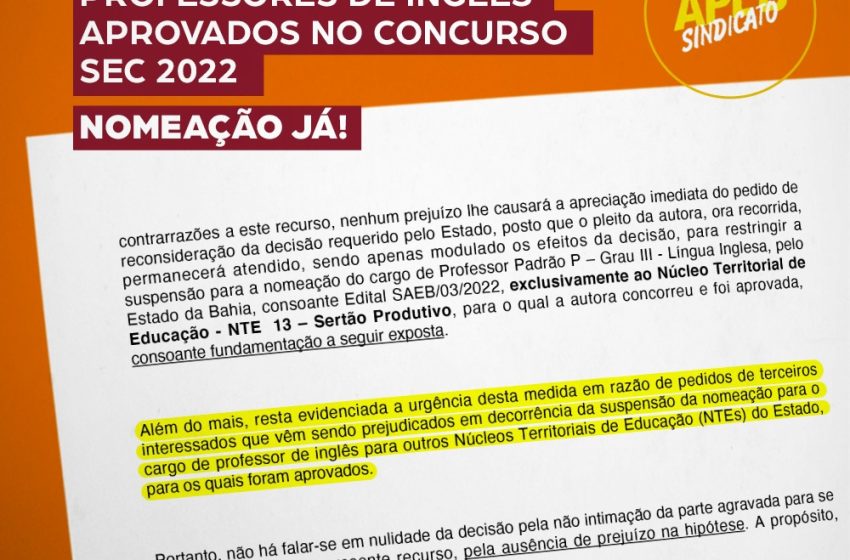  APLB EXIGE NOMEAÇÃO JÁ! Justiça dá parecer favorável aos professores de Inglês aprovados no Concurso SEC 2022