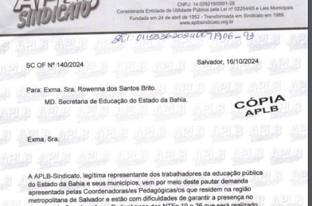 APLB cobra da SEC ajuda de custo para que coordenadores participem de encontro em Salvador