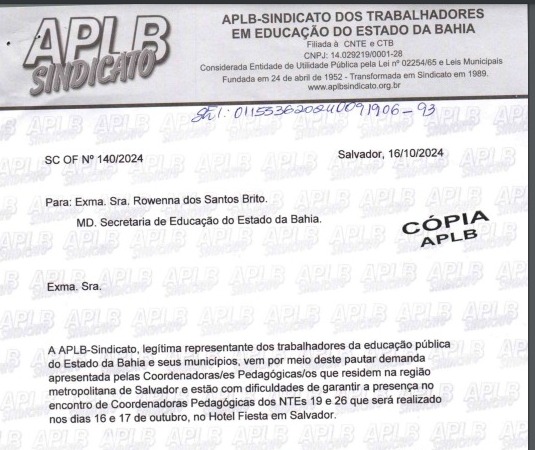  APLB cobra da SEC ajuda de custo para que coordenadores participem de encontro em Salvador