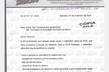 Rede Estadual: APLB envia ofício à SEC com sugestões para o calendário letivo 2025