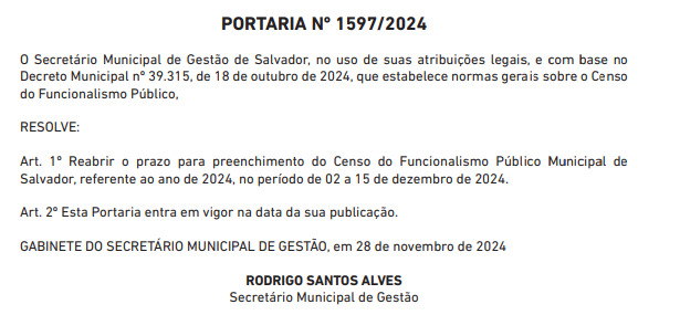  Rede Salvador: Prazo para responder Censo do funcionalismo é prorrogado; responda de 02 a 15 de dezembro