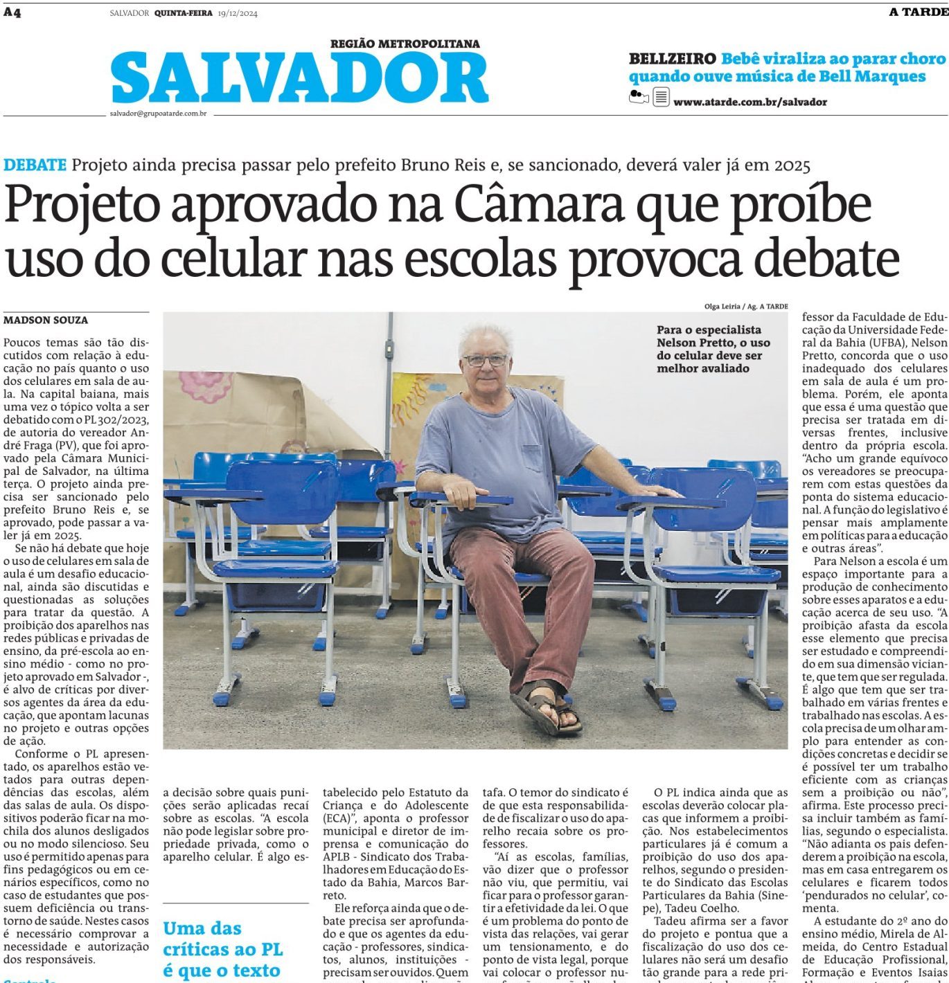 APLB NA MÍDIA – JORNAL A TARDE – Projeto aprovado na Câmara que proíbe uso do celular nas escolas provoca debate