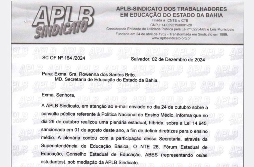  APLB cobra da SEC resultado de consulta pública sobre Matriz Curricular do Ensino Médio