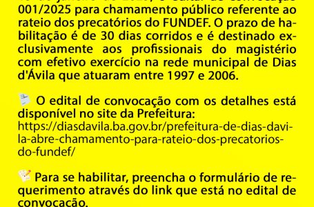 APLB DIAS D’ÁVILA destaca convocação da prefeitura para rateio do  Precatório do FUNDEF